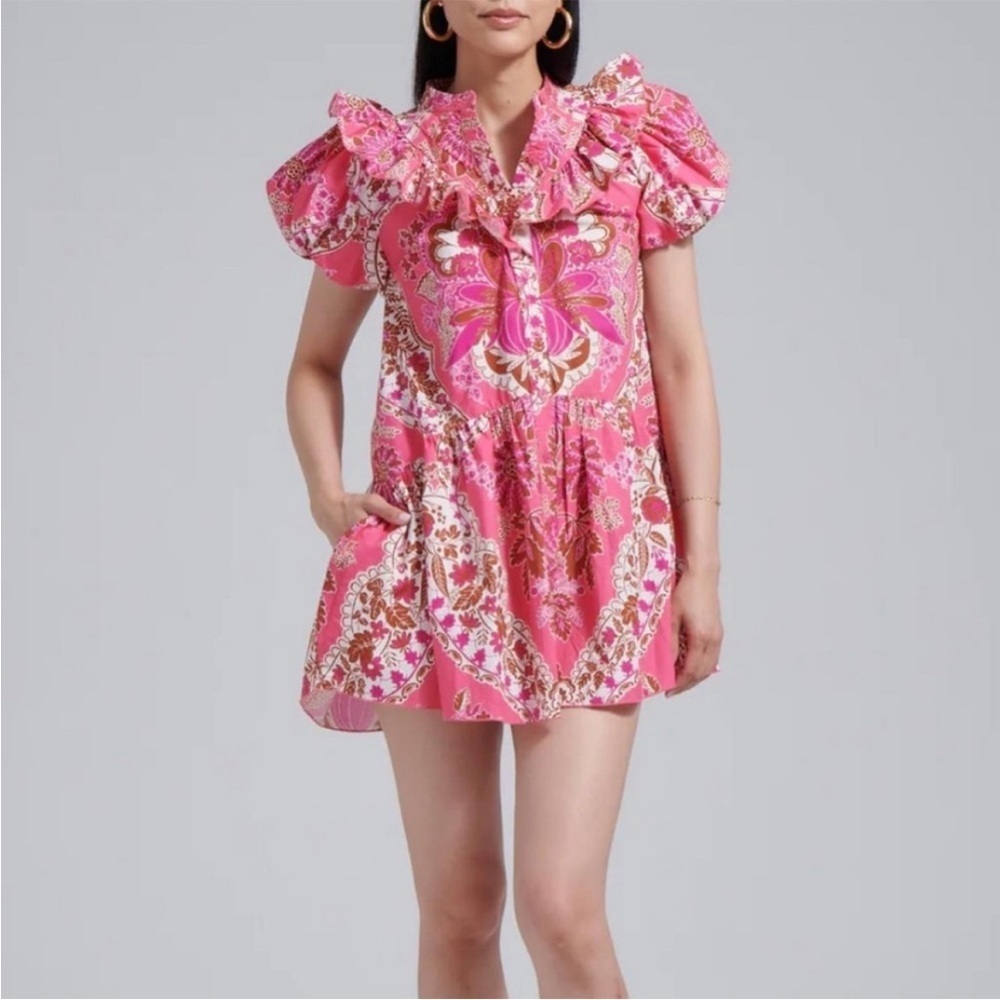 Love The Label Tatiana Floral Mini Ruffle Dress Clementine Pink Print Size Small